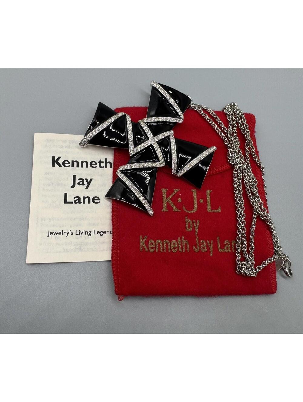 Kenneth Jay Lane Black Enamel Rhinestone Maltese Cross Brooch Necklace 30”